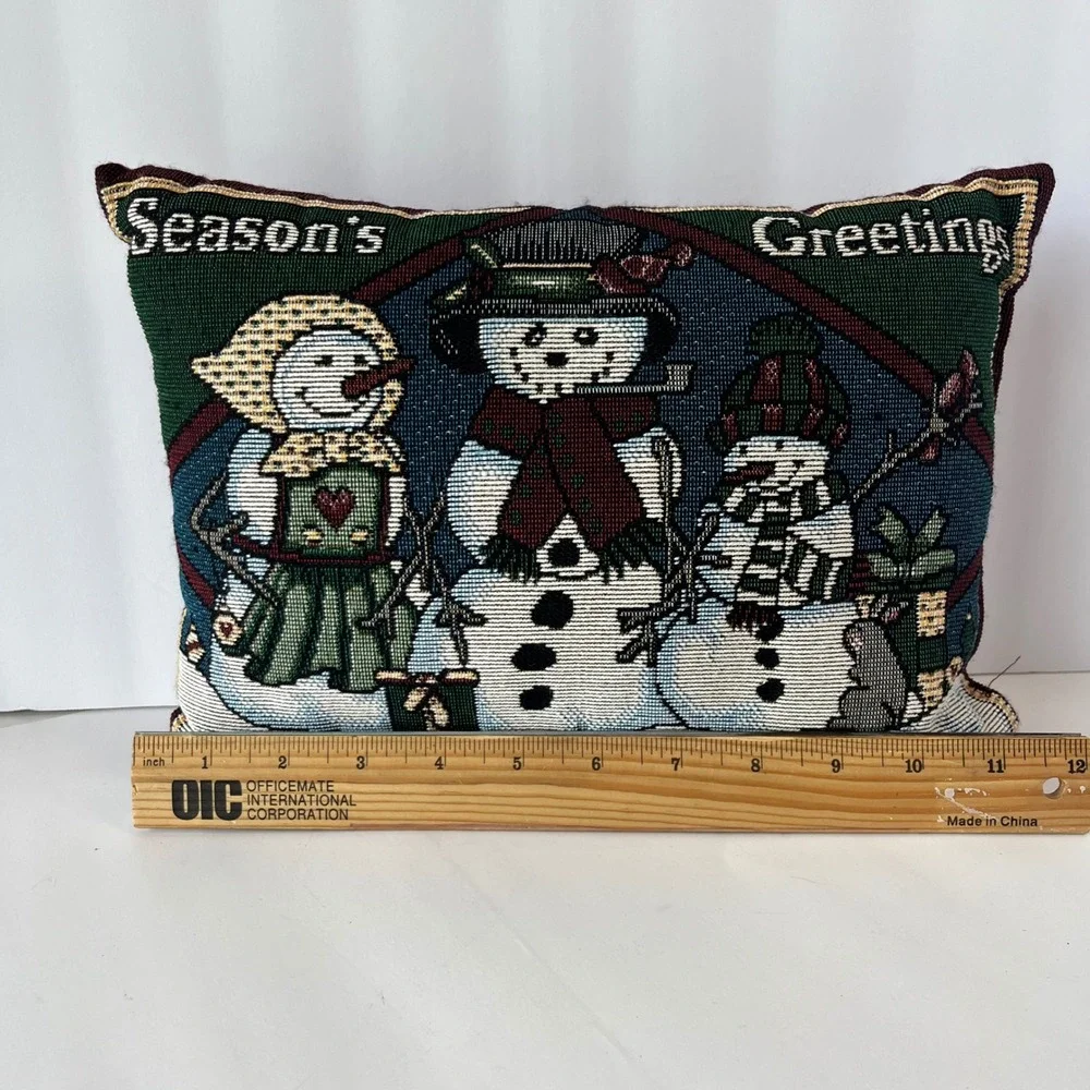 VTG Seasons Greetings Snowman Family Tapestry Throw Pillow‎ Holiday Decor 12x9